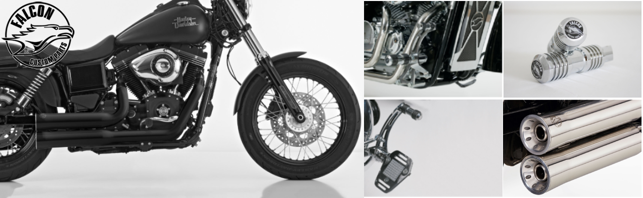 Falcon offers exhaust systems in the ultimate chopper look: Extra wide, highly polished or matte black stainless steel manifolds with groove-style end caps provide a muffled and deep chopper sound.