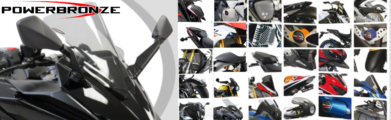 Powerbronze motorcycle bodywork and accessories, including screens, huggers, mudguards, seat cowls, belly pans, and much more.